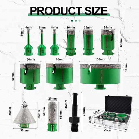 Diamond Core Tile Hole Saw Kit For Porcelain Ceramic Marble And Granite, 12-Piece Set with visible sizes and carrying case