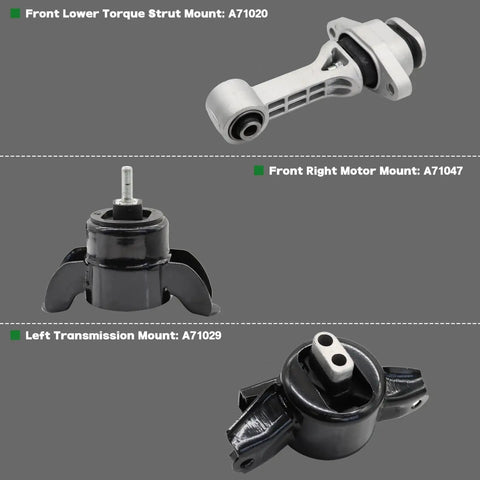 Three Piece Engine Motor And Transmission Mount Kit For Forte Accent Rio 1.6L 1.8L Auto Transmission 2012-2017 with replace parts EM9797, EM9758, EM9761, A71047, A71004, A71020, A71029