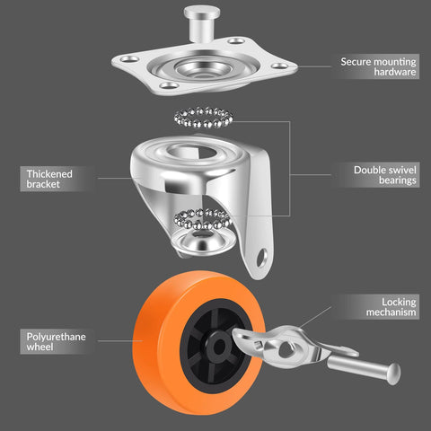 Caster Wheels, 3 Inch Heavy Duty Casters Set of 4 - Locking Swivel Plate Polyurethane Wheels with Brake for Furniture, Carts, and Workbench - Canadian Ball Bearing Supplier.