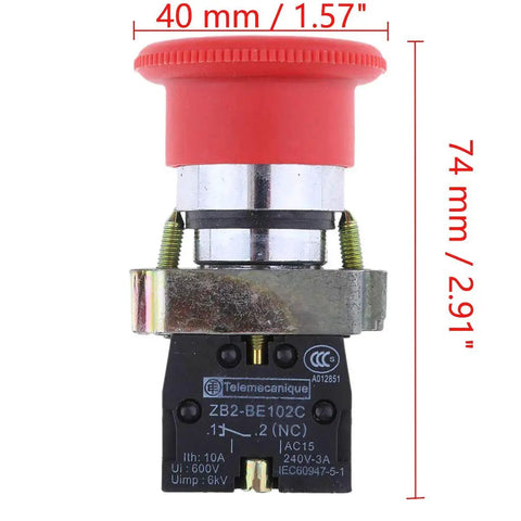 Front view of COMOK 22mm NC red mushroom emergency stop latching push-button switch, ZB2-BE102C, 600V 10A.