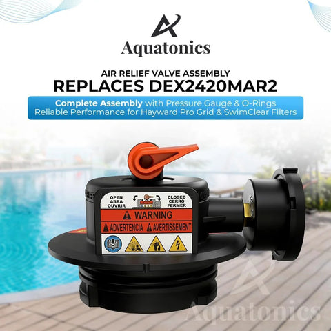 Aquatonics air relief valve assembly with orange vent lever and black housing for pool filter systems