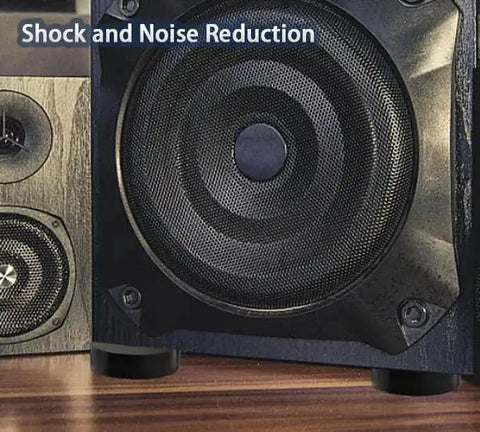 Speaker on rubber spacers for shock and noise reduction, featuring Eight Pack Rubber Spacers One Inch Outer Diameter Three Eighth Inch Inner Diameter Point Five Inch Thick Black Round Vibration Isolation Washers For Bolts Cars Boats And Home Heavy Duty Dampening DIY.