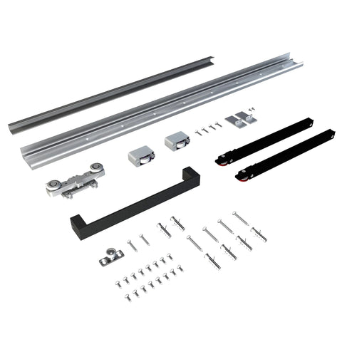 Concealed Sliding Barn Door With Slick Soft Close Hardware Kit Black Hidden Door For Interior Use hardware components layout view