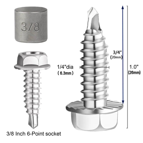 Heavy Duty Self Drilling Garage Door Screws For Hinges And Brackets Size Fourteen By Three Quarter Inch Zinc Plated Serrated Hex Washer Head Tek And Thread Cutting For Sheet Metal Drilling Pack Of Fifty, with dimensions and socket.