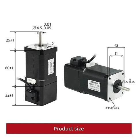 Two black Hanpose NEMA17 stepper motors with silver mounting flanges, model 42HS60-YC-PD, 70 N·cm torque