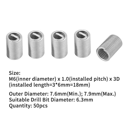 Heavy Duty M6 X 1.0 Stainless Steel Thread Inserts Kit 50 Pcs SS304 Coiled Wire Helical Inserts For Tougher Screw Joints