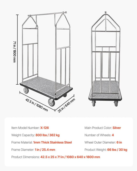 Hotel Luggage Cart With Brushed Stainless Steel Finish And Grey Carpeted Deck Bellman Valet Cart With 6 Inch Rubber Wheels 800 Lbs Capacity For Hotels Condos And Resorts Silver For Easy Transport, detailed dimensions and specifications