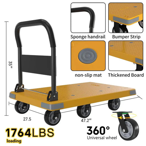 Diagram of Heavy Duty Folding Platform Cart with 1764 Pound Capacity, showing reinforced thickened base and swivel wheels.