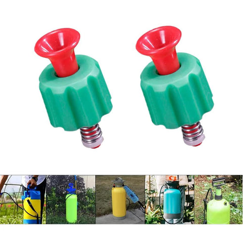 Two green pressure relief valves with red push-nozzle for garden backpack sprayers; metal threaded bases.
