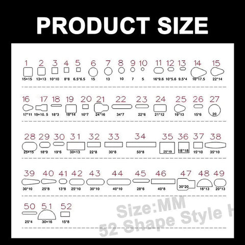 Size chart for 52 Shapes Leather Hole Punch Tool Set With Cutter And Carving Hammer For Crafting, showing various hole dimensions.