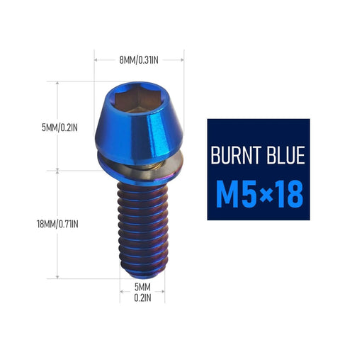 Six Piece Pro Grade Titanium Stem Bolt Kit With Blue Tapered Head Washers M5x20mm Allen Hex 4mm 8.5mm Head Diameter 0.8mm Pitch Grade 5 Titanium Corrosion Resistant Lightweight Bicycle Stem Hardware Upgrade