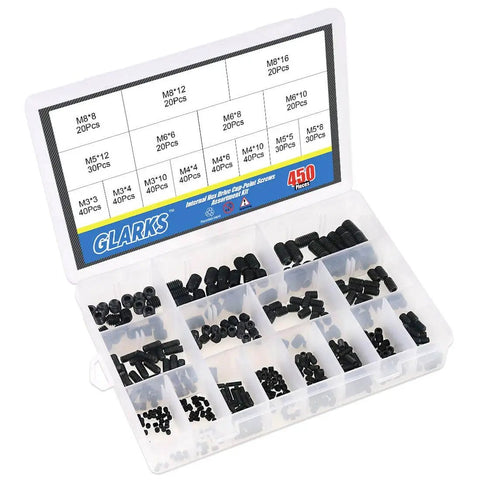 450Pcs M3 M4 M5 M6 M8 Allen Head Socket Set Screws Kit Pro Grade Heavy Duty Internal Hex Grub Screws 12 9 Class Black Oxide Alloy Steel Rust Resistant Assortment in storage case