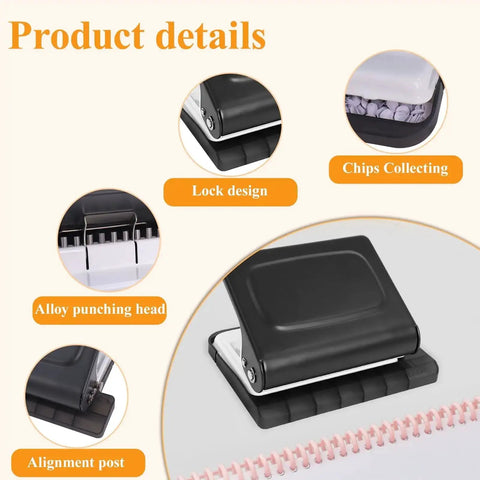 Close-up of a 10 Hole Punch Binding Machine for Planners with 10 Color Binder Rings, featuring alloy punching head and lock design in black.