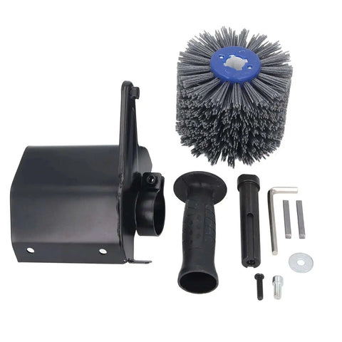 M10 Handheld Burnishing And Polishing Tool For Metal Workpieces, Fast Grinding, Polishing And Fine Burnish On Stainless Steel, Aluminum, Plastic And Wood, Multi Material Attachment For Angle Grinder To Get Pro Level Shine, parts and attachments on display including black guard, handle, roller, and tools.