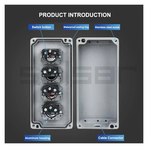 Industrial 1P Push Button Control Box Explosion Proof Waterproof Junction, interior view showing switch and aluminum housing components.