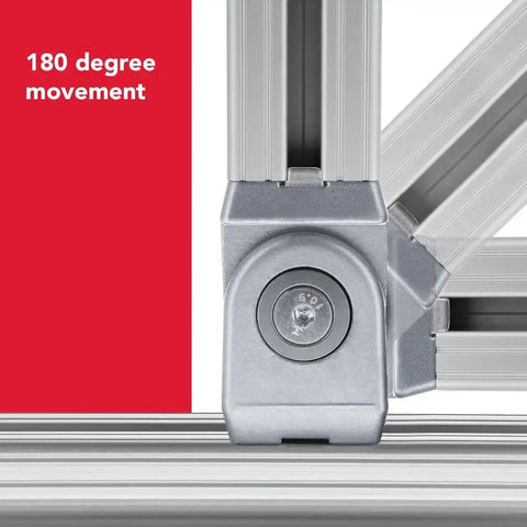 Close-up of two hole flexible pivot joint connector for aluminum extrusions, showing 180 degree adjustable mount.