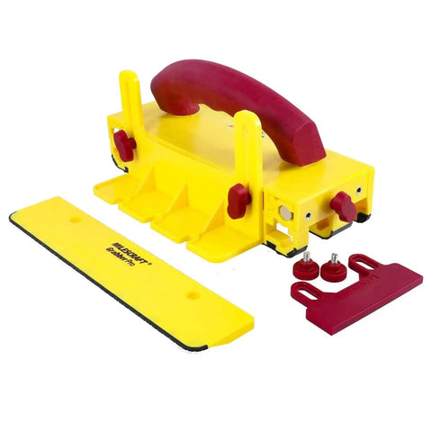 GrabberPRO Push Block For Table Saws, Router Tables, Band Saws, And Jointers With Kickback Reduction And Superior Control, Fully Adjustable Interchangeable Legs In 1in, 1/2in, 1/4in, 1/8in By Milescraft, yellow and red components visible