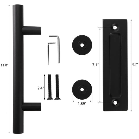 2 Pack Sliding Barn Door Handle Set Carbon Steel Pull And Flush Hardware 12 Inch shown with dimensions and components