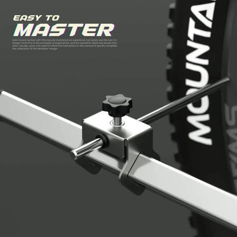 Close-up of Derailleur Hanger Alignment Gauge Tool for Bikes with 20 to 29 Inch Wheels in Pro Grade Stainless Steel 304