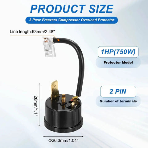 Three Pack Thermal Overload Protector For Refrigerators And Freezers 750W 1HP Two Pin Compressor Protection product size diagram
