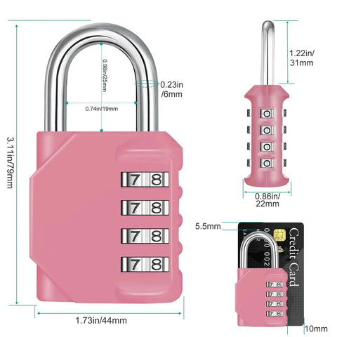 4 Digit Combination Padlock For Outdoor, School And Gym Pink showing dimensions, resettable pink zinc alloy padlock front view with credit card size icon.