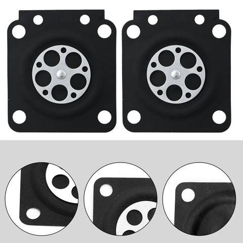 Two black square metering diaphragms with silver perforated centers for Zama and Walbro carburetors