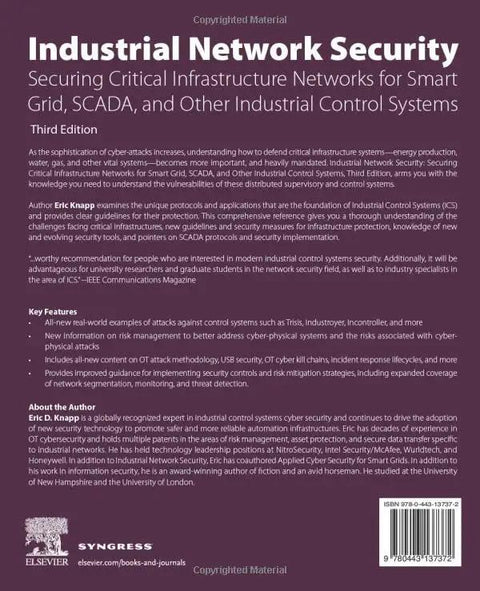 Book cover for Industrial Network Security, purple background, white title text, publisher logos at bottom.
