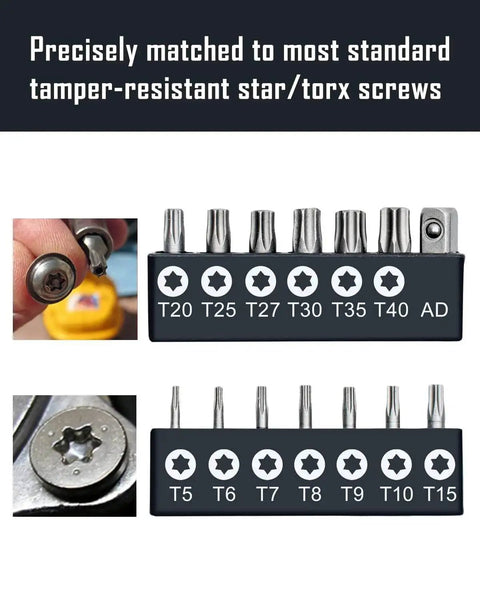 Tamper Resistant Torx Bit Set 14 Piece Chrome Vanadium Steel Heavy Duty Security Bits T5 Through T40 With Two Standard Bits And AD Connector