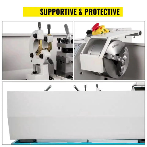 Close-up of 8.7x23.6 Inch Mini Metal Lathe 1100W with infinitely variable speed, LED display, and forward/reverse features.
