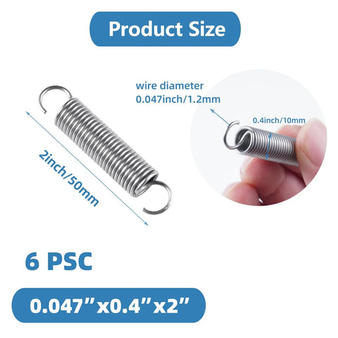 Extension springs, 6 pcs, 304 stainless steel with hook ends, 0.047 in dia × 0.4 in coil × 2 in long