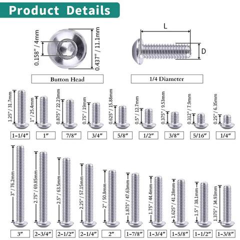 Diagram showing dimensions of 1/4-20 button head socket cap bolts 3/4 inch stainless steel 304 18-8, bright finish.