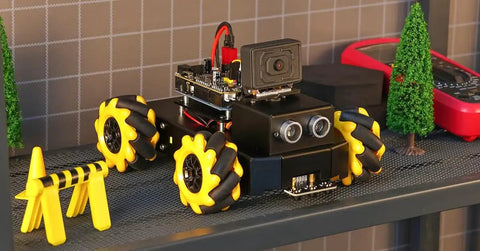 AI Smart Robot Kit With Mecanum Wheel For UNO R3 ESP32 Camera App Control FPV Video Ideal For STEM Programming Education Kids Electronics Project Learn Coding And Build Autonomous Robot displayed on shelf