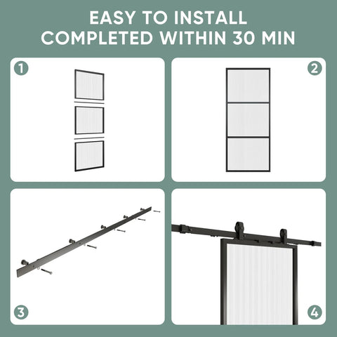 Glass Barn Door 36x84 Reeded Glass With Carbon Steel Pre Drilled Frame Sliding Door Panel Includes 6 Ft Hardware Kit And Soft Close Easy Three Part Assembly Sturdy Rail System Built For Quick Quiet Install, showing assembly steps.
