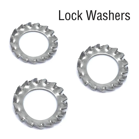 Three 304 Stainless Steel External Tooth Star Lock Washers, M6, corrosion-resistant, for fasteners hardware automotive DIY projects.