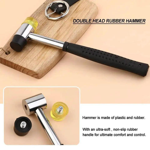 Double head rubber hammer from the Leather Hole Punch Tool Set With 10 Round Punch Sizes From 0.5mm To 3.5mm and durable handle on a board.