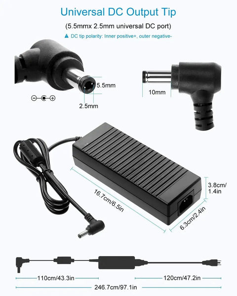 24V DC Power Supply 5A AC Adapter 100-240V Universal Wall Transformer For LED Strips CCTV Cameras Printers And LCD Monitors 5.5x2.5mm Output Jack Also 5.5x2.1mm Use At Or Below 80 Percent Load showing plug and dimensions.