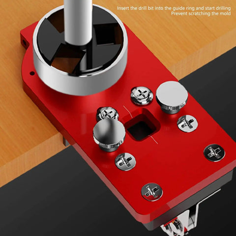Stainless Steel 35mm Cup Hinge Drill Guide Jigs With Ball Bearing Guide for precise cabinet assembly, mounted on wood surface