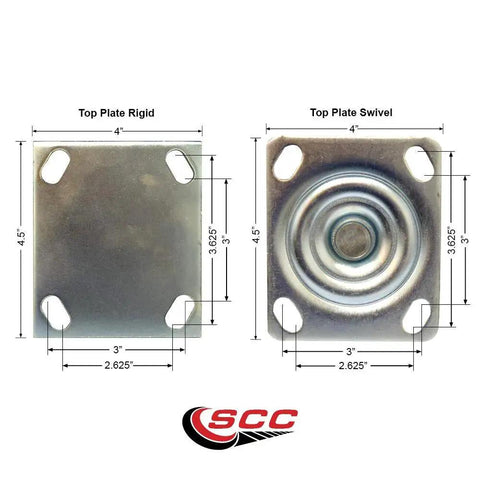Heavy Duty High Temperature Phenolic Swivel Top Plate Caster Set Of 4 With 6 Inch Wheels Includes 2 Swivel With Brakes And 2 Rigid 4800 Lb Total Capacity Service Caster Brand Built For Tough Hot Working Conditions. Image of top plate dimensions for swivel and rigid casters showing detailed measurements.