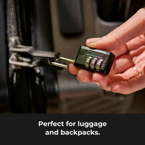 Three Dial Combination Padlock for Indoor Lockers Luggage and Cabinets held by a hand near a luggage zipper