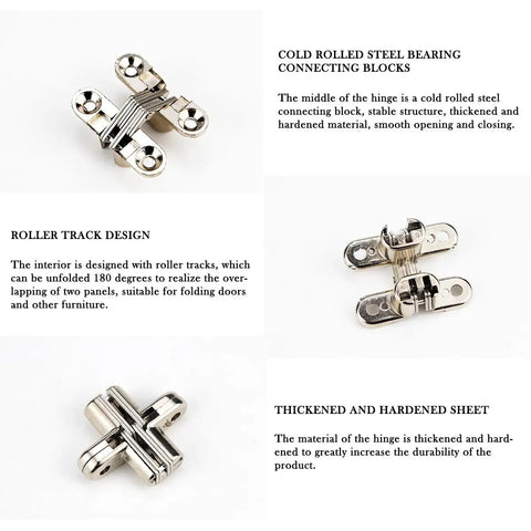 Hidden Zinc Alloy 180 Degree Concealed Cross Hinges For Furniture Cabinets Small Size Durable Invisible Door Hinge Kit With Easy Install And Screws Included displayed with steel bearing blocks and roller track design.