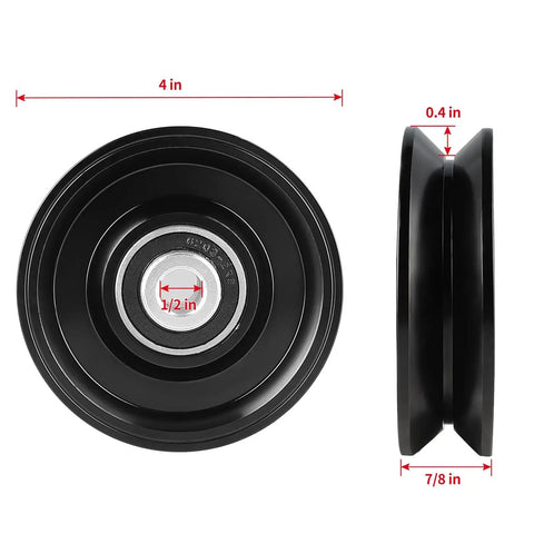 Heavy Duty 4 Inch V Groove Wheel Caster For Sliding Gate On Inverted V Track With Double Bearings, side and front view, dimensions labeled.