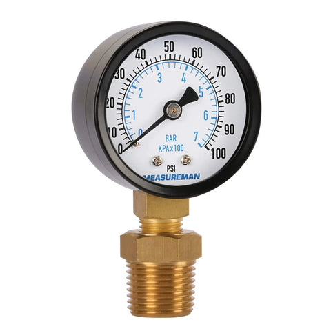Measureman 2-inch well pump pressure gauge, brass body, 0-100 psi, 1/4" NPT male