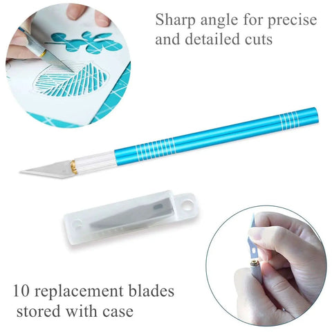 All In One 45mm Rotary Cutter Set For Sewing And Quilting With 5 Extra Blades, A3 Cutting Mat, Quilting Ruler, 10 Replacement Knife Blades, 20 Sewing Clips And Craft Knife Pack In Turquoise featuring craft knife and replacement blades