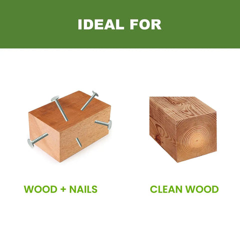 Diagram showing wood with nails and clean wood, ideal for Heavy Duty Installer Drill Bit Set For Wood With Nails One Quarter Inch.