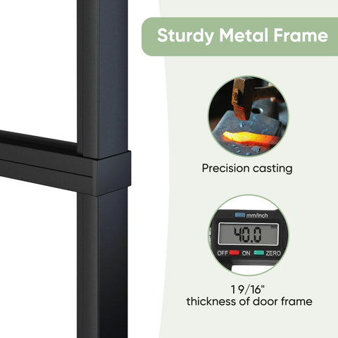 Close-up of the black carbon steel frame of a 34x84 Inch Frosted Glass Barn Door With Black Carbon Steel Frame Top Mounted Hardware Kit.