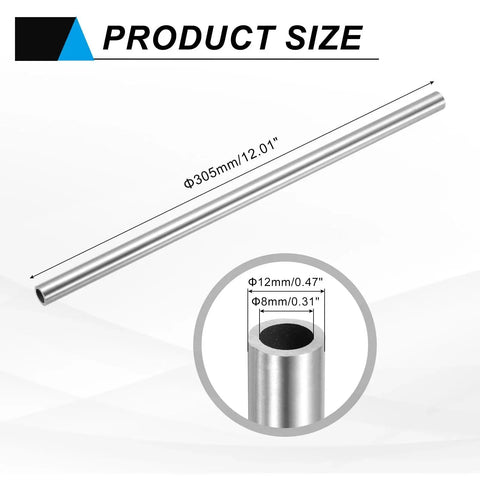 304 Stainless Steel Tube With 8mm ID And 12mm OD, 305mm Length, seamless round pipe, product size diagram, by Uxcell