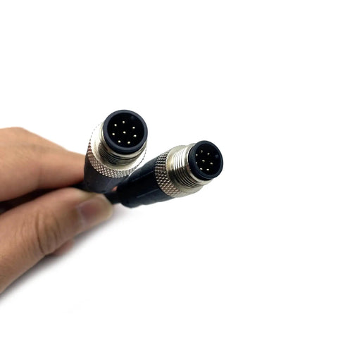 Close-up of 16.4ft M12 8 Pin A Code Double Male Connector Cable 5M AWG24 PVC Wire with threaded lock and IP67 rating for industrial use.