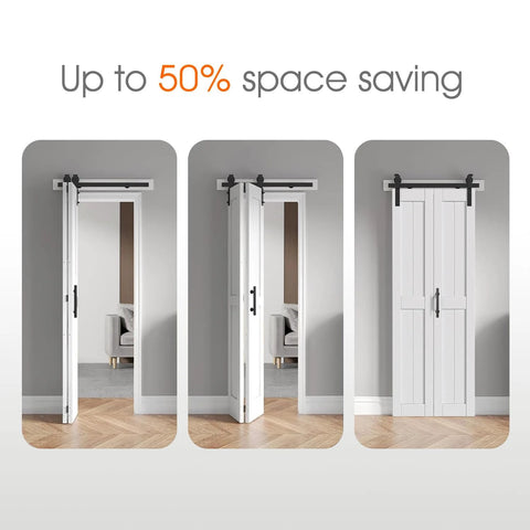 48x84 Inch White Bi Fold Barn Door With Hardware Kit And Handle Double Folding Sliding Door in various open positions