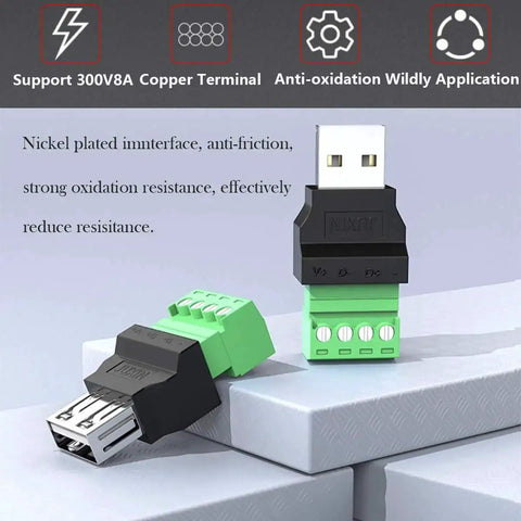 4 Pack USB 2.0 Type A Male Female To 4 Pin Screw Terminal Block Connector Adapters shown on stacked surfaces