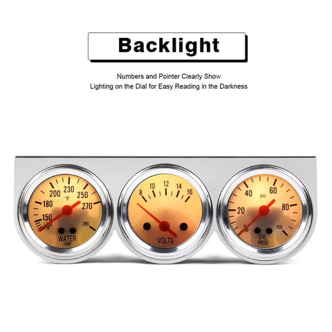 Universal Chrome 2 Inch 3 In 1 Triple Gauge Set Kit With Oil Pressure 0 To 100 PSI Volt Gauge 8 To 16V And Water Temperature 100 To 280 F with illuminated dial